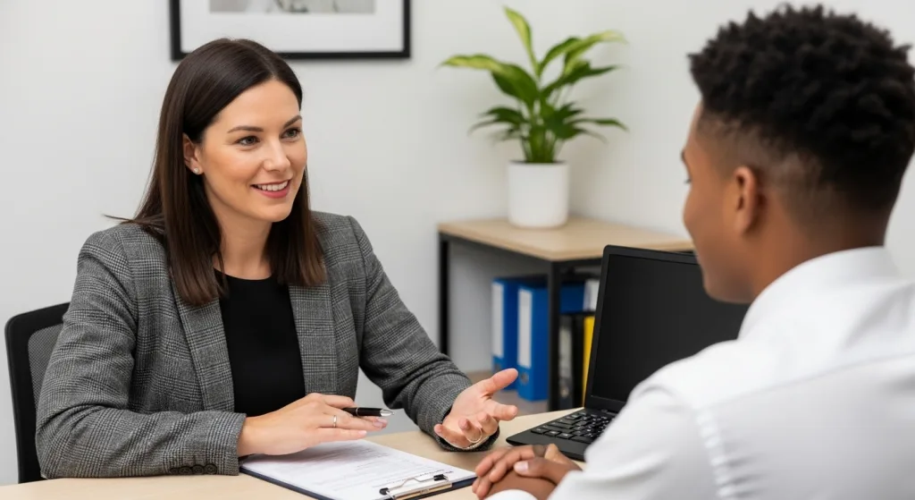 staff member dressed professionally explaining information to a student 